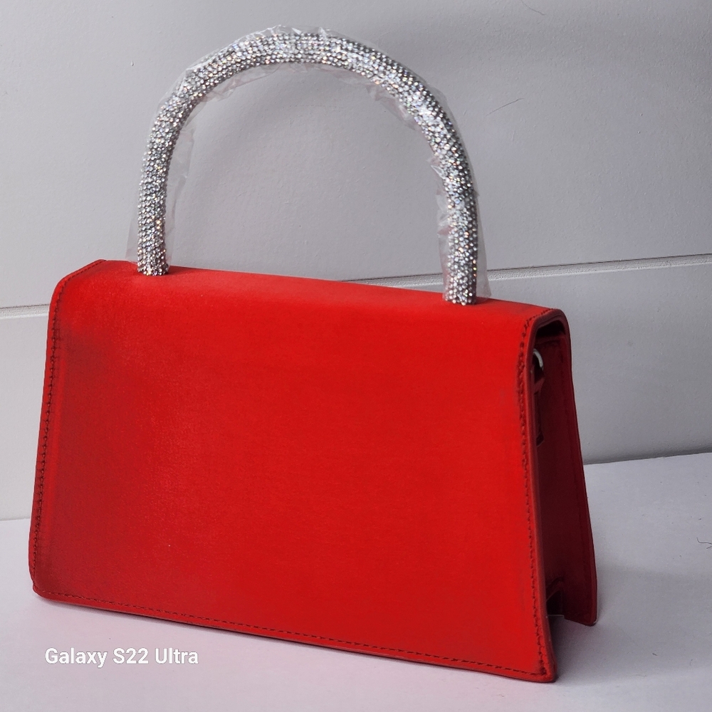 Women's Rhinestone Bow Accent Top Handle Red Satin Flap Handbag - Picture 11 of 11